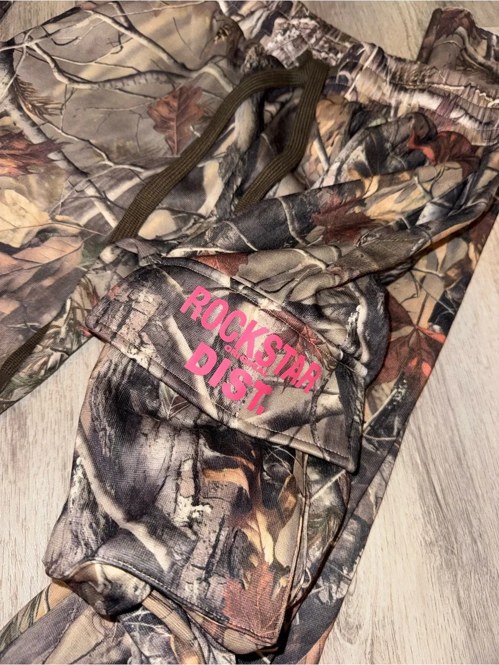 Women's Camo Cargo Pants in Brown with Pink Logo - Picture 1 of 5